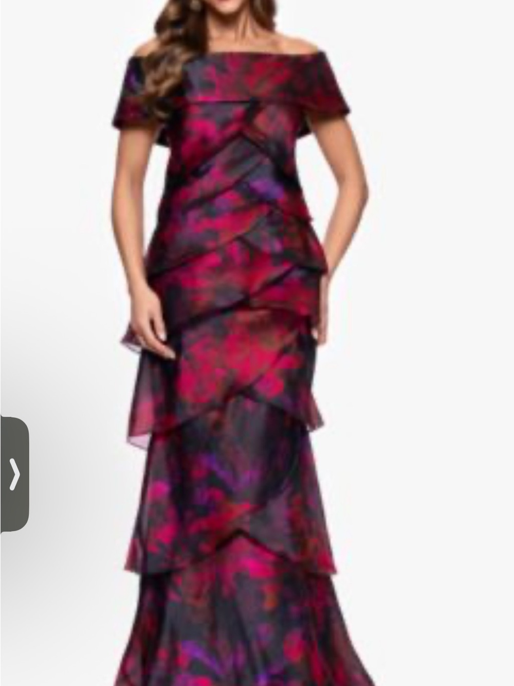 Xscape Off-Shoulder Tiered Floral Gown in Magenta and Black